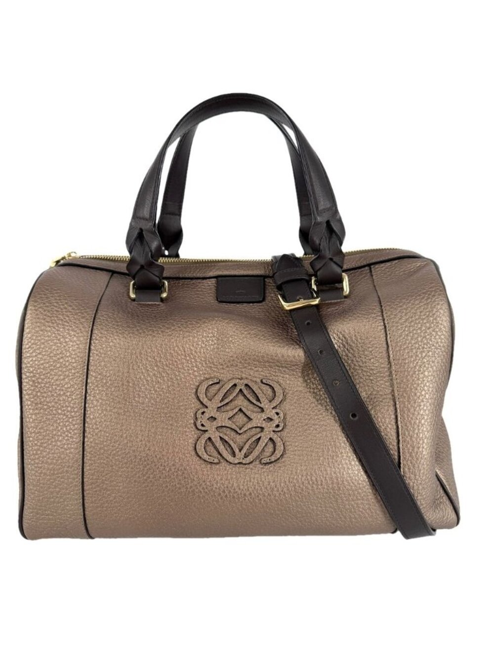 Loewe 2-Way Fusta Anagram Tote Shoulder Boston Bag Metallic Blanc Leather Brown